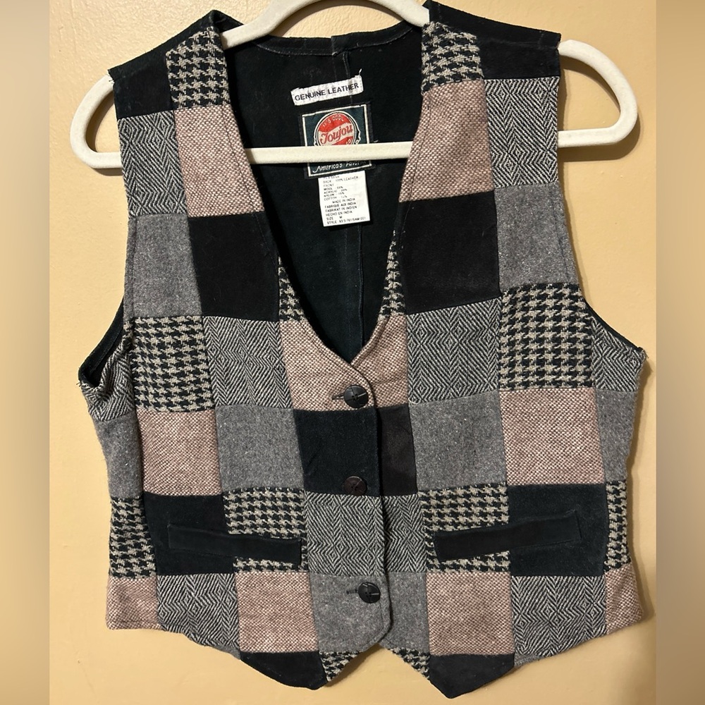 Joujou Men’s 100% Leather Patchwork Vest Button Up Black Brown Gray 80’s Fobs M